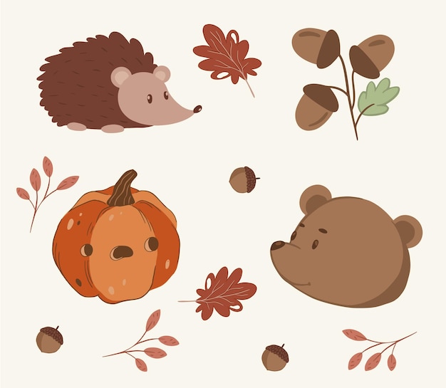 Autumn Halloween set with pumpkin, acorn, hedgehog and bear. Vector illustration.