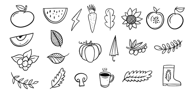 Autumn hand drawn black color sketch set doodle element