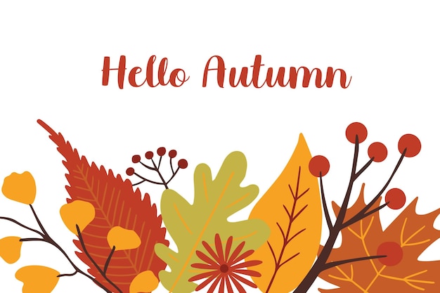 Autumn hand drawn card Hello autumn Greeting card with autumn leaves and branches Vector cartoon illustration