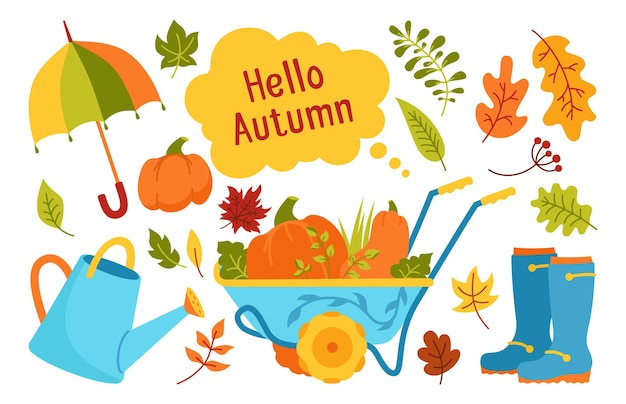 Autumn hand drawn trendy garden object cartoon tools set Rural flat fall leave umbrella pumpkin rustic watering can cart boot rubber doodle collection Autumn vibes clip art card