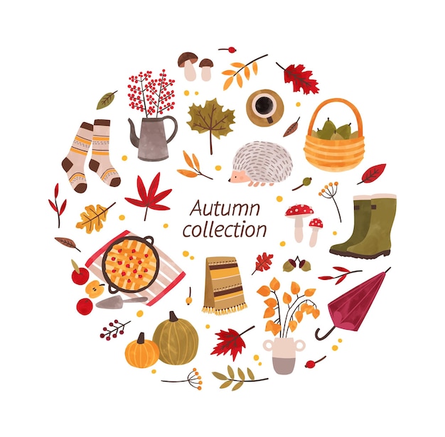 Autumn hand drawn vector illustrations collection. Fall season cozy attributes cliparts bundle. Autumn accessories, dried leaves and harvest colorful set. Decorative design elements isolated on white.