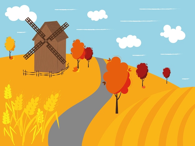 Autumn harvest. Cozy autumn. Mill. Wheat field.
High quality vector image.