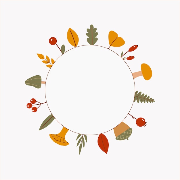 Vector autumn harvest frame mushrooms and berries circular design for seasonal invitations and decorations