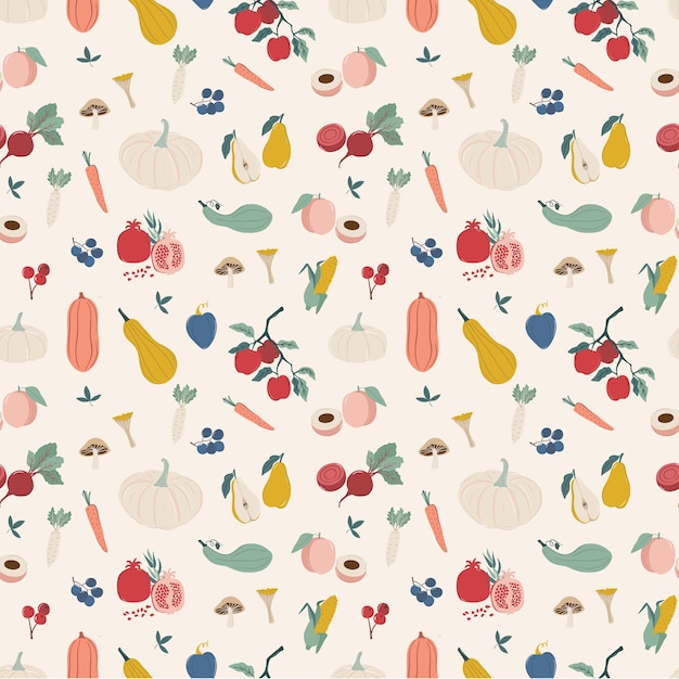 Autumn Harvest fruits and vegetable seamless pattern.