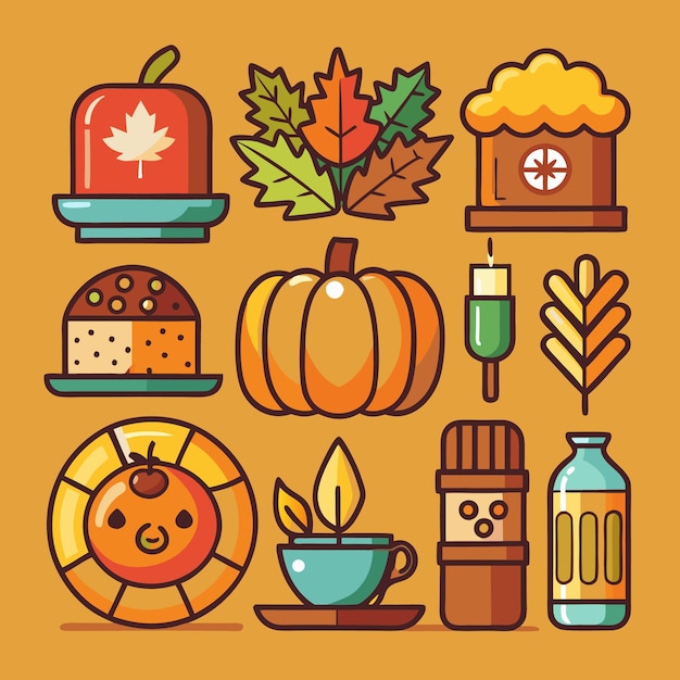 Vector autumn harvest icons with pumpkin leaves and other fall symbols