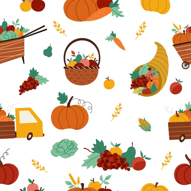 Autumn harvest seamless pattern Vector repeat background with farm vegetables fruit berry pumpkins carrot Funny fall digital paper with basket wheelbarrow cornucopiaxA