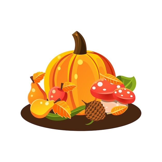 Autumn Harvest Still Life With Pumpkin Fruits And Mushrooms Colorful Vector Illustration On White Background