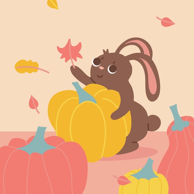 Autumn harvesting vegetables concept for poster happy cute rabbit hugs huge pumpkin happy pumpkin ti