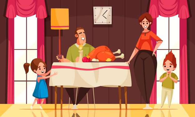 Vector autumn holiday scene with happy family celebrating thanksgiving day cartoon vector illustration