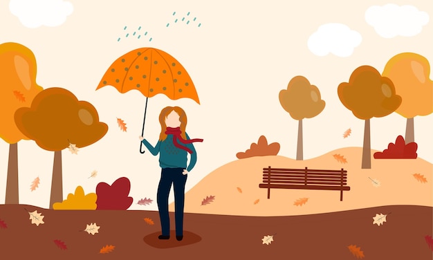 Autumn holiday Young happy woman with umbrella in a park Healthy lifestyle and recreation leisure activity Vector illustration