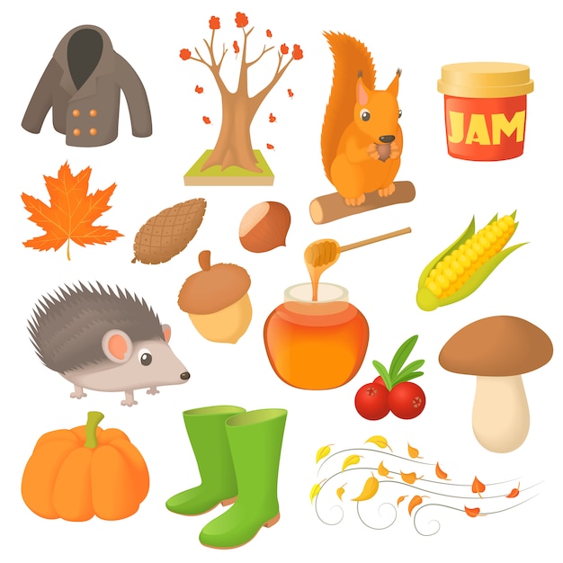 Autumn icons set in cartoon style