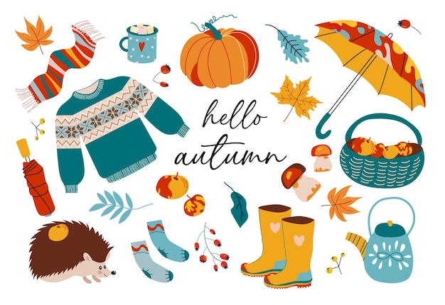 Autumn icons set falling leaves pumpkins sweater cute hedgehog boots basket of apples