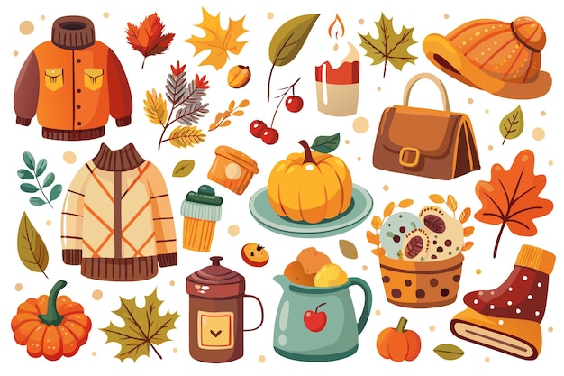 Vector autumn icons set with leaves pumpkins clothing drinks and other fall elements