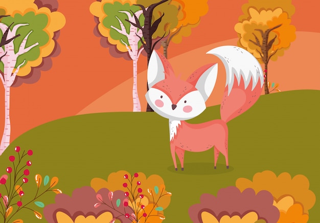 autumn illustration of cute fox in the meadow foliage 