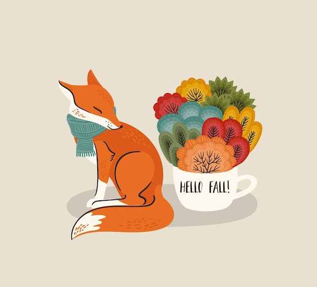 Vector autumn illustration cute fox with forest in cup vector design for card poster flyer web and other