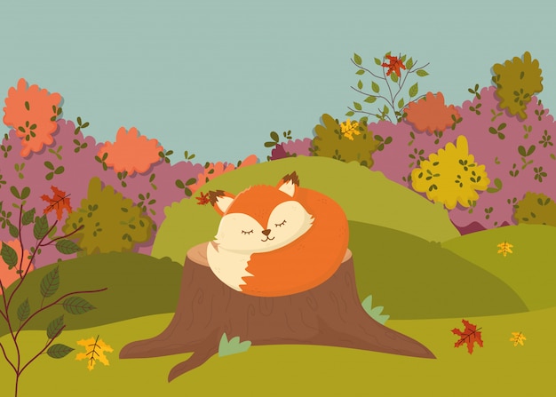 Vector autumn illustration of cute fox with scarf sleeping on trunk 