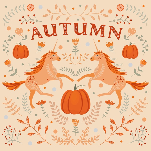 Autumn illustration in folk style, with pumpkins, unicorns and floral motifs.