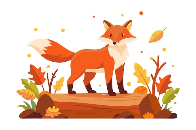 Autumn illustration of a fox standing on a log surrounded by colorful fall leaves