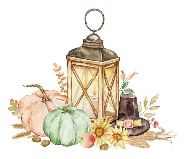 Autumn illustration watercolor lantern and pumpkins