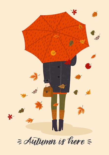 Vector autumn illustration with cute woman under umbrella