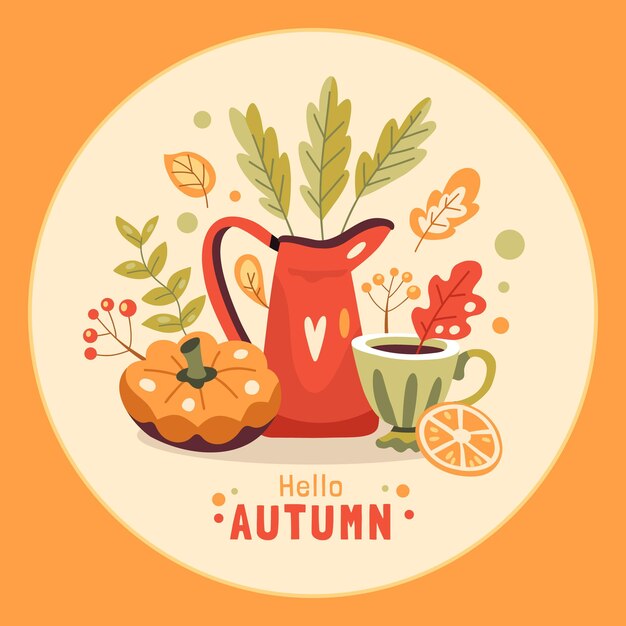 Vector autumn illustration with hot drink jug pumpkin and leaves