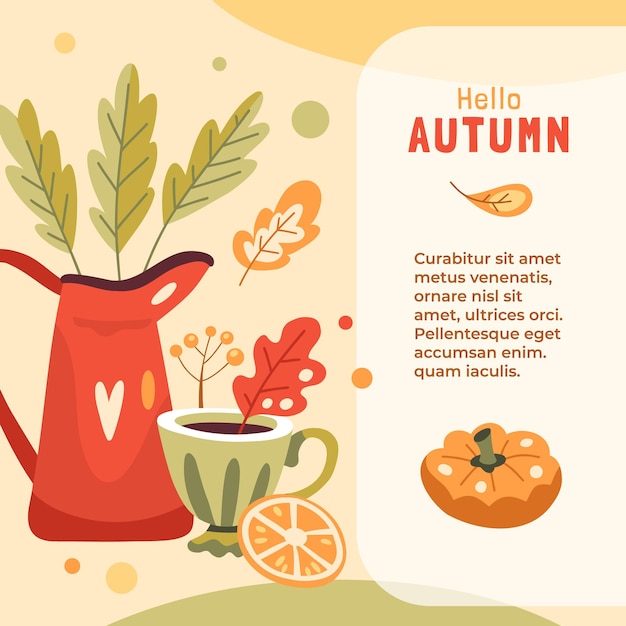 Autumn illustration with hot drink red jug pumpkin and leaves place for text