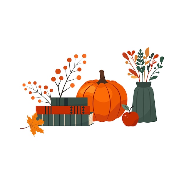 Autumn illustration with pumpkin vase apple books and autumn leaves Fall season elements