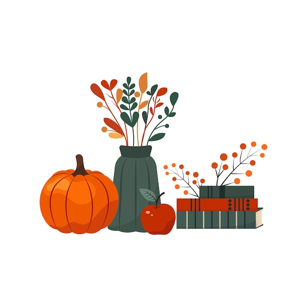 Vector autumn illustration with pumpkin vase apple books and autumn leaves and flowers