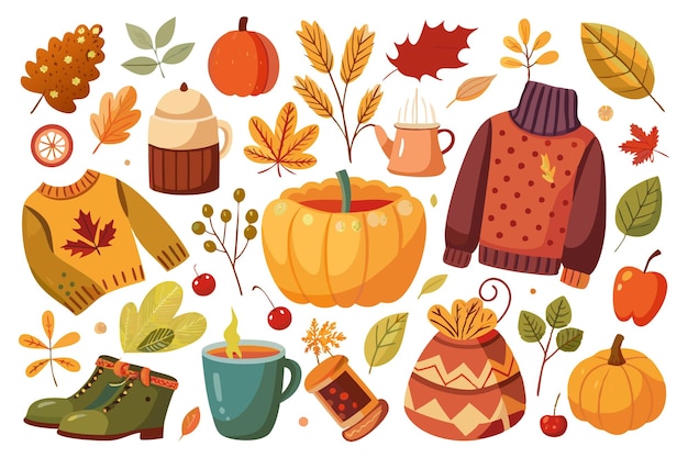 Autumn Illustration with Pumpkins Sweaters and Leaves