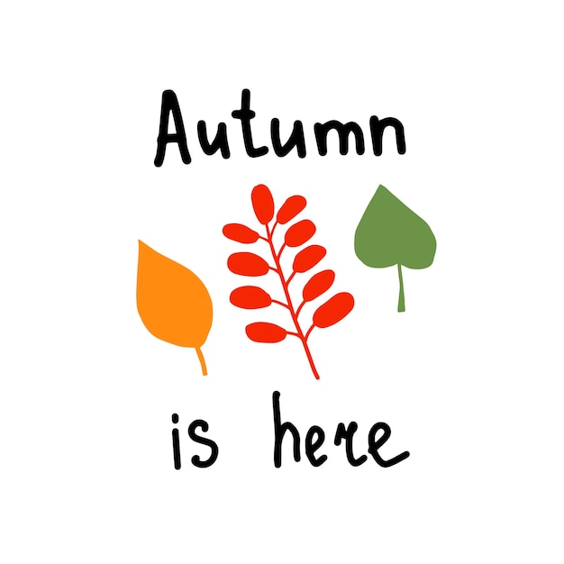 Autumn is here hand written vector illustration with leaves