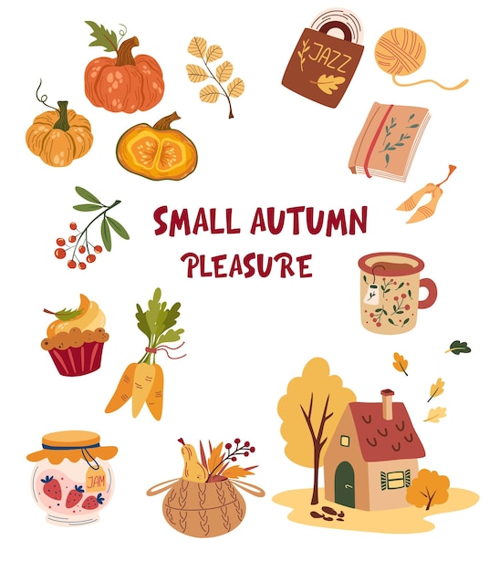 Autumn items Autumn bundle of cute and cozy design elements Vector flat cartoon illustration