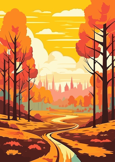 Vector autumn landscape cartoon colorful flat vector illustration