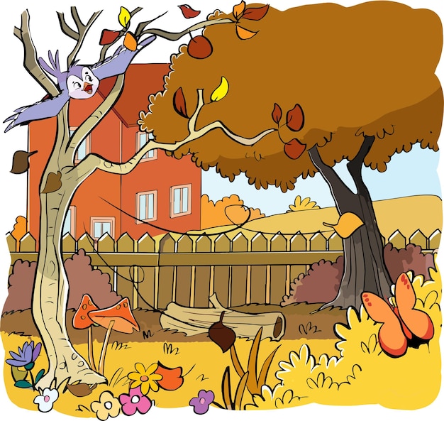 autumn landscape leaves flying cartoon vector illustration