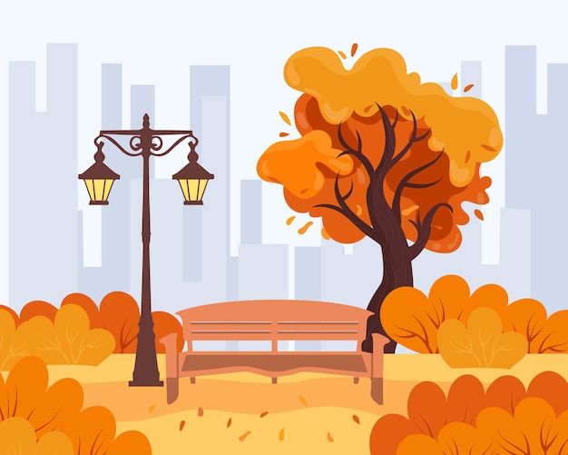 Autumn landscape, park bench and retro lantern among trees and bushes. Illustration, clip-art