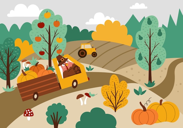 Autumn landscape scene with fields harvest nature turkey driving truck Comic Thanksgiving card with cute bird pumpkins Vector horizontal print template design for postcards invitationsxA