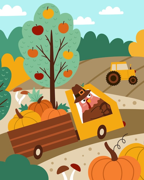 Autumn landscape scene with fields harvest nature turkey driving truck Comic Thanksgiving card with cute bird pumpkins Vector vertical print template design for postcards invitationsxA