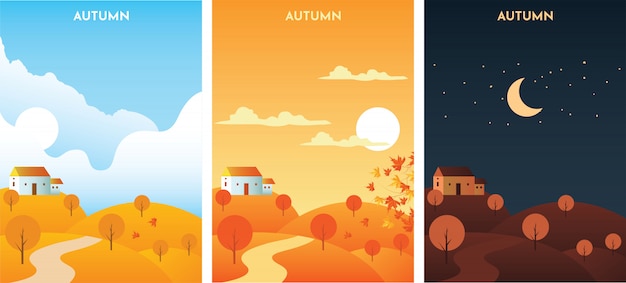 Autumn Landscape at sunrise, sunset and night. Autumn Season banners set template.