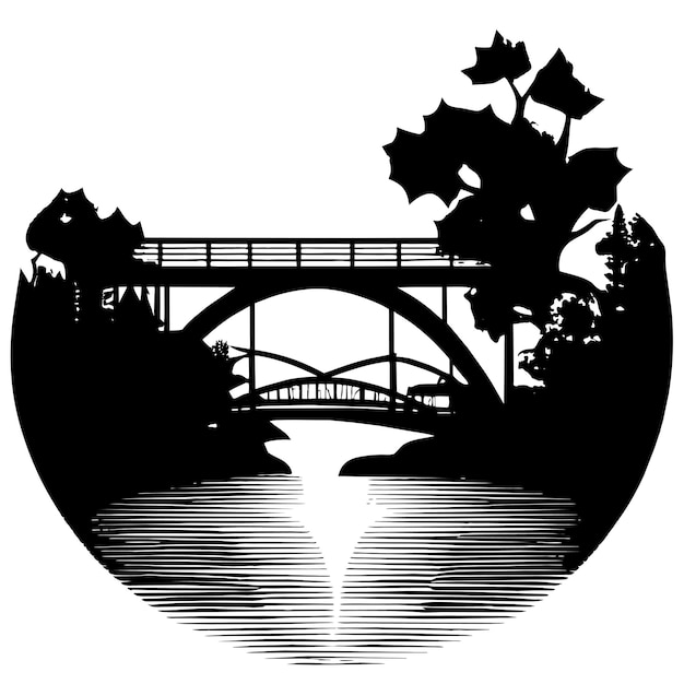 Autumn landscape with bridge and river flat style vector illustration