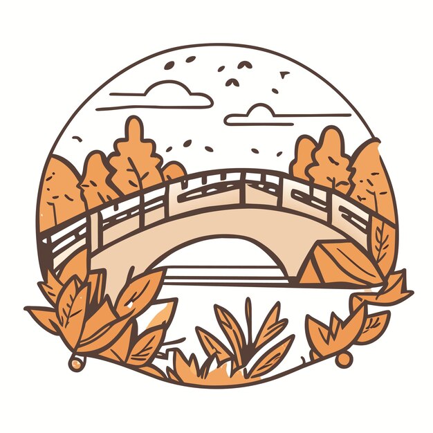 Vector autumn landscape with bridge and river flat style vector illustration