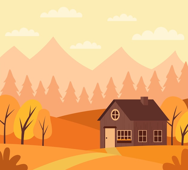 Autumn Landscape With Cabin In The Mountains In Orange Palette Vector Illustration In Flat Style