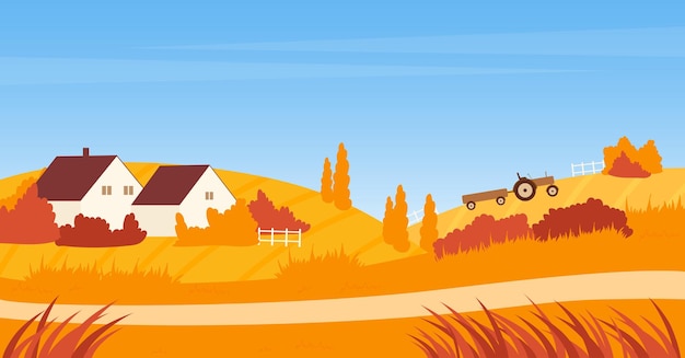 Vector autumn landscape with farm house road and tractor on agriculture field village scene