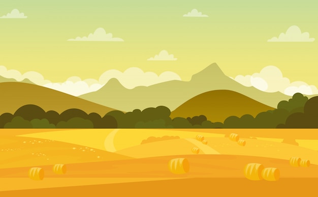  autumn landscape with fields and mountains at sunset with beautiful sky in pastel colors in flat cartoon style.