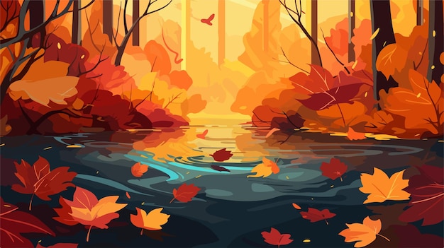 Vector autumn landscape with a lake and trees in the background