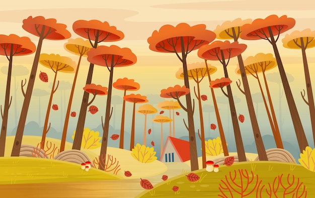 Autumn landscape with road, house and yellow magical trees. Cartoon style vector.