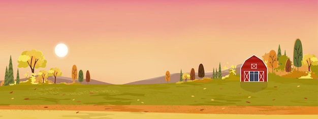 Vector autumn landscape  with sunset