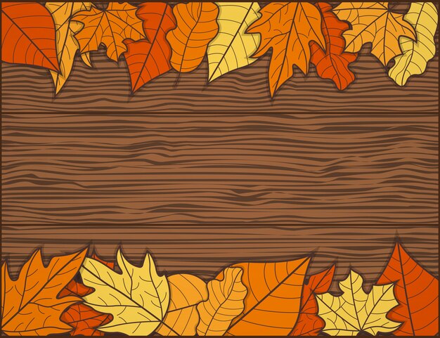 Vector autumn leaf frame with wooden table background 