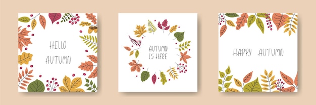 Vector autumn leaf square backgrounds set hand drawn falling leaves frame border wreath doodle foliage