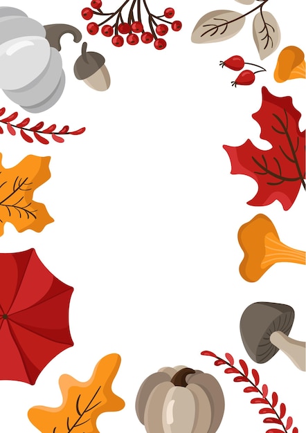 Autumn leaves, berries and pumpkins border frame background with space text. Seasonal floral maple oak tree