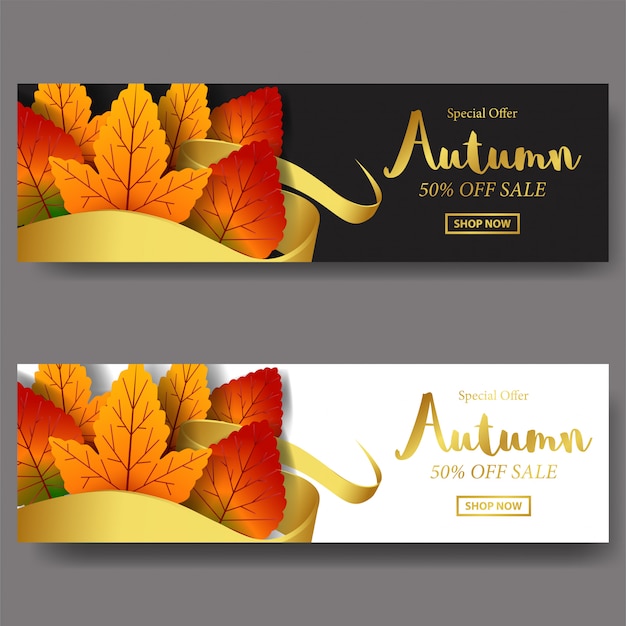 Vector autumn leaves fall sale offer banner template