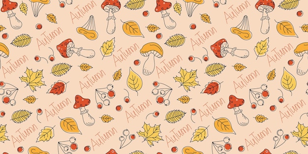 Vector autumn leaves pattern mushrooms berries fly agarics seamless background wallpaper decor